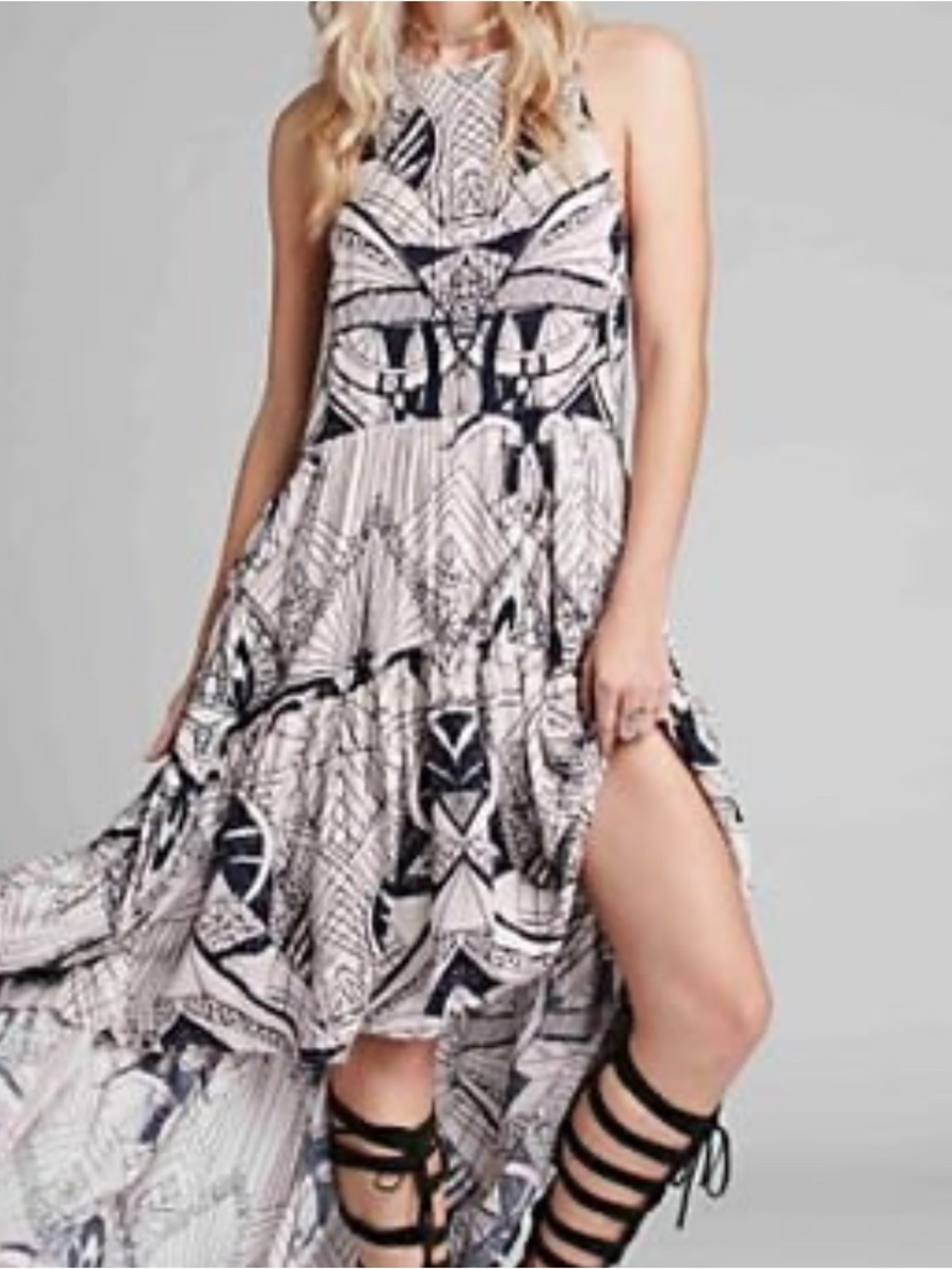 Free People Black & White Geo High-Low Maxi Dress